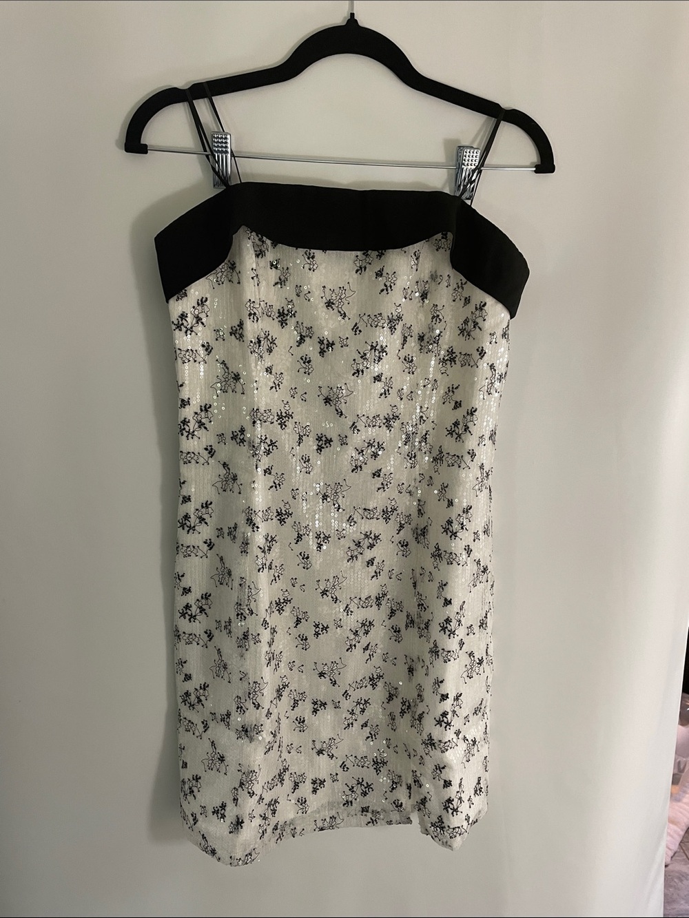 Strapless Black and White Floral Sequin Dress